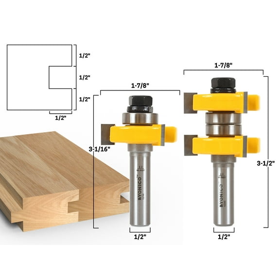 Tongue & Groove Router Bit Set - 1-1/2" Stock - 1/2" Shank - Yonico 15224