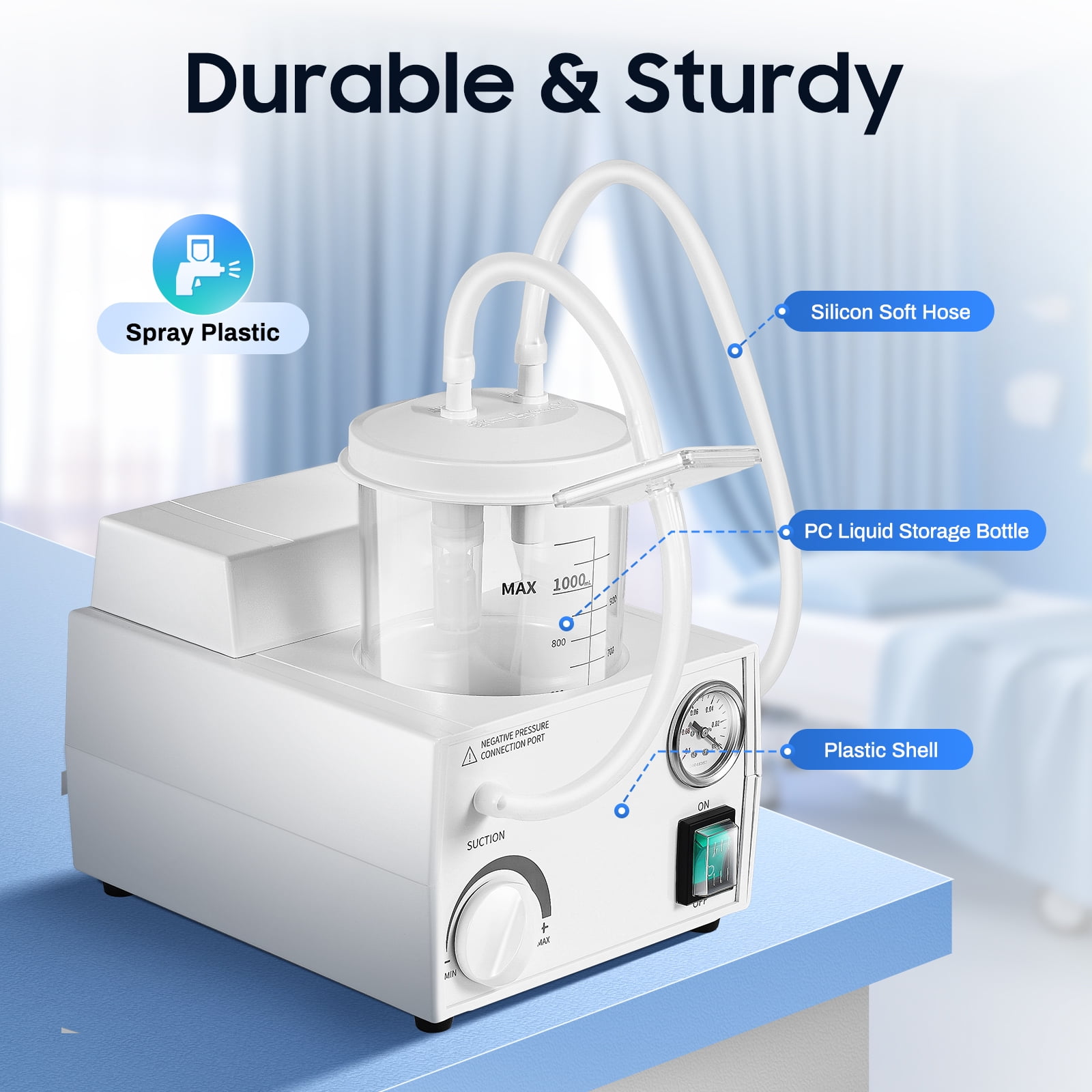 Wildnix Portable suction machine with ≥11L/min flow rate, adjustable negative pressure (0.02MPa to Ultimate Negative Pressure), oil-free high-efficiency piston pump, large capacity bottle, soft medic