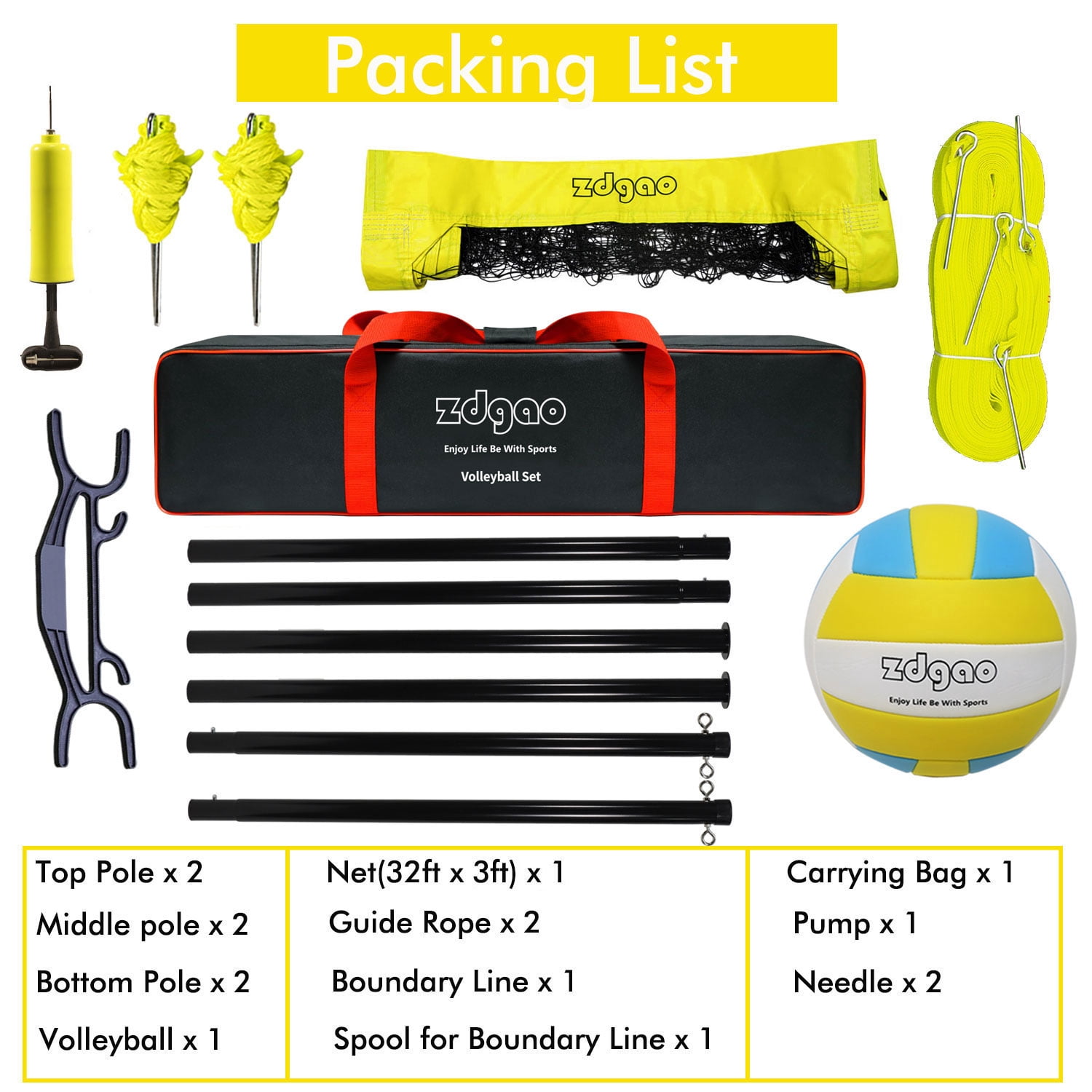 Zdgao Complete Volleyball Set with Net, Volleyball, Boundary Line, and Carry Bag for Sand, Lawn