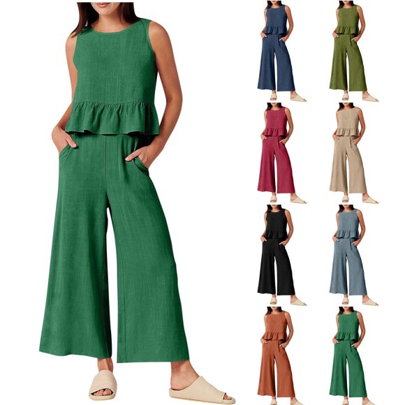 Sentmoon Women Outfits Sets Tops and Business Pants Plus Size Sleeveless Crew Neck Stretchy Tshirts Shirts for Women Loose Solid Color Date Outfits for Indoor Music Festival