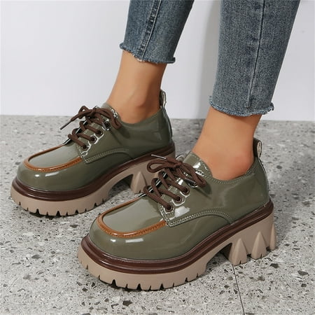 

Ladies British Style Color Matching Leather Lace Up Thick Heel Fashion Casual Single Shoes