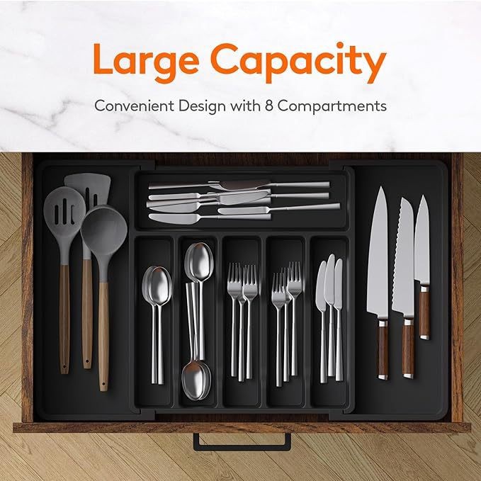 Extra Large Expandable Silverware Organizer, BPA-Free Food-Safe Cutlery Flatware Organizer, Kitchen Utensil Drawer Organizer, Adjustable Silverware Holder for Spoons Forks Knives, Black