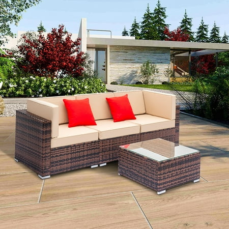 hommoo outdoor furniture sectional sofa set, 4pcs all-weather brown pe  rattan wicker sofa sectional furniture set with cushion and pillow, steel  frame