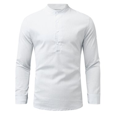 Penkiiy Chemises à Manches Longues pour Hommes Chemise en Coton et Lin Chandail Décontracté Col Montant T-Shirt de Plage Uni Chemises Blanches