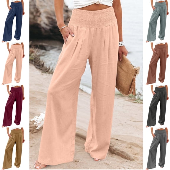LEKWK Linen Palazzo Pants for Women High Waist Casual Wide Leg Pants Lightweight Loose Fit Lounge Pants with Pockets Summer Beach Travel Vacation Outfits