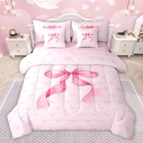 Feelyou Kawaii Bow-tie Kids Twin Bedding Sets 7-Piece, Watercolor Pink Bowknot Ribbon Bedding Comforter Set, Cute Princess Style Reversible Sheet Sets, Luxury Bedroom Decor