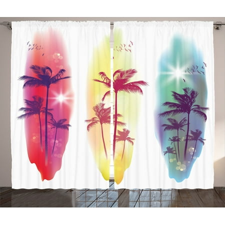 Bathroom Themes Ideas Tropical Decor Curtains 2 Panels Set, Palm Trees Birds Seagulls Pattern Silhouette On Surfing Boards Seascape Theme, Living Room Bedroom Accessories, Gift Ideas, By Ambesonne ()