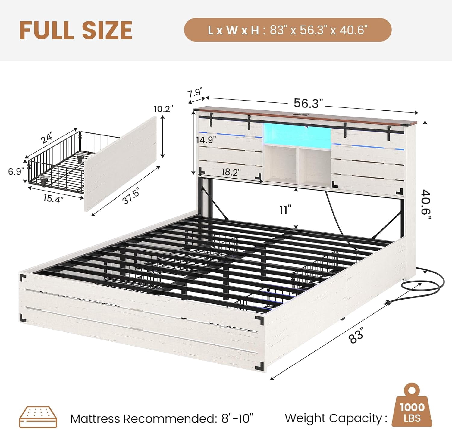 Wooden Bed Frame Full Size with Bookcase Headboard and Sliding Barn Door, Farmhouse Bed Frame Full Size with Charging Station, LED Lights and 4 Storage Drawers, No Box Spring Needed, White