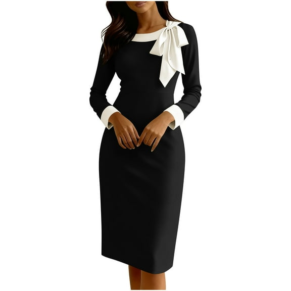 MaFYtyTPR Women's Knee Length Dress Fashion Slim Bow Bag Hip Contrast Long Sleeve Round Neck Temperament Dresses Black L