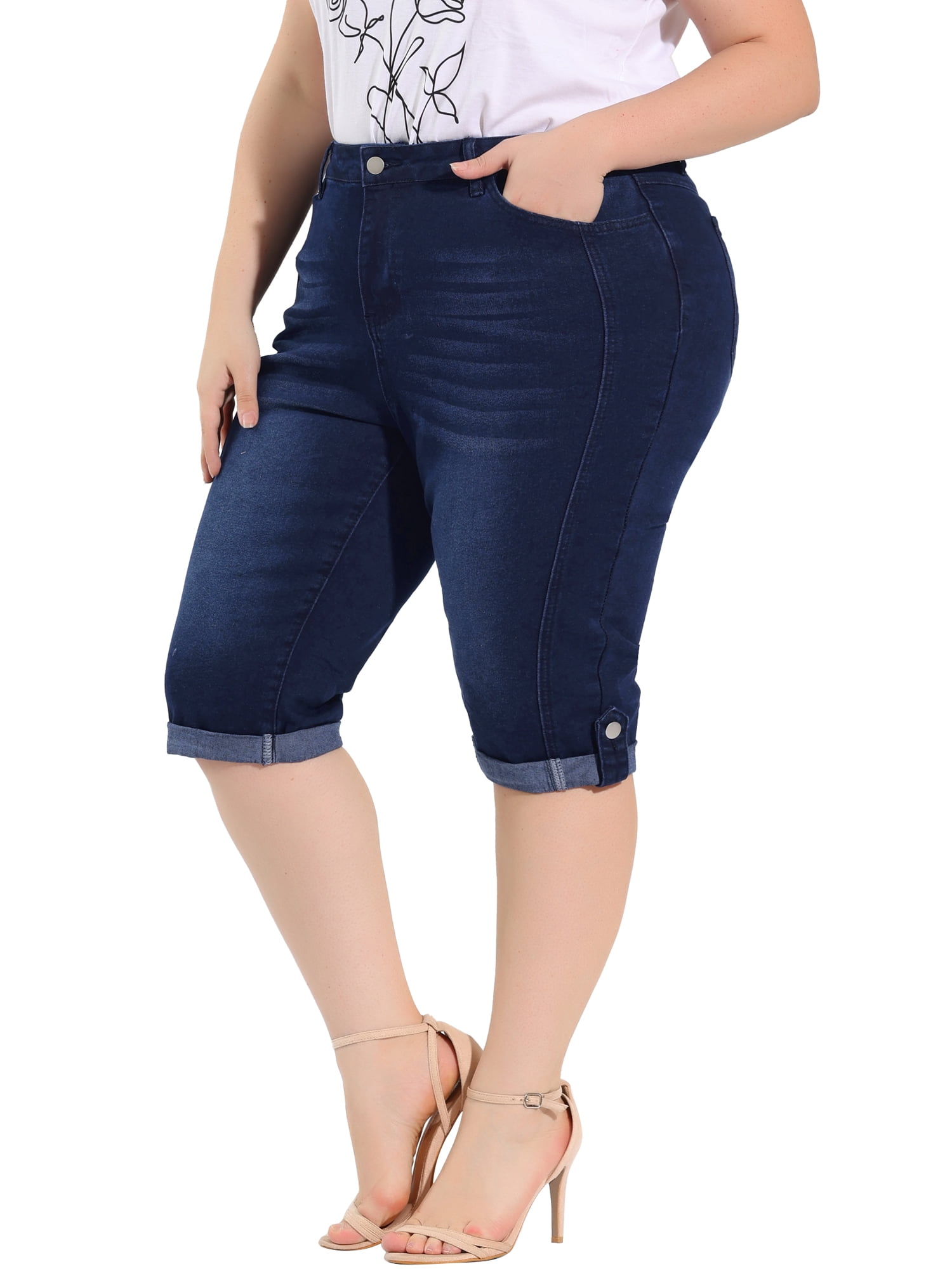 Unique Bargains Juniors' Plus Size Shorts Chambray Ripped Denim Capri Jeans Dark Blue 1X