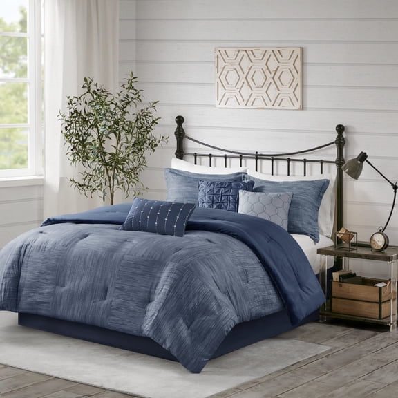 Madison Park Cal King Size Comforter Set 7-Piece Printed Seersucker All Season Modern Navy Bedding Set