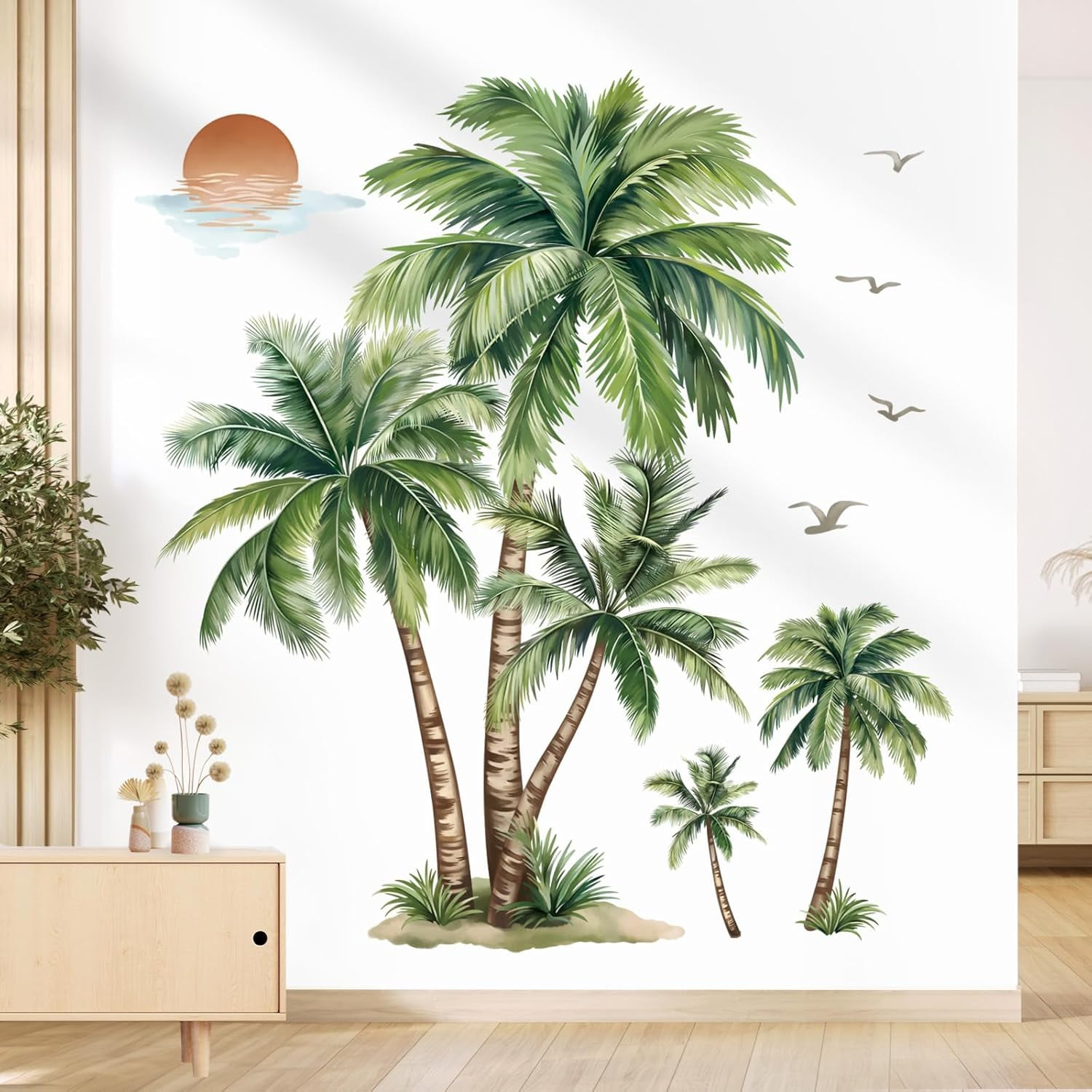 Large Palm Tree Wall Stickers Tropical Plants Coconut Tree Peel and Stick Wall Art Decals for Living Room Bedroom Sofa Background