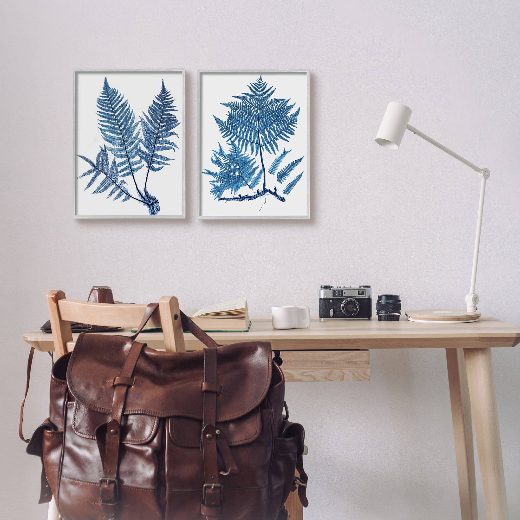 Stupell Industries Bold Blue Ferns Woodland Nature Botanical & Floral Painting Gray Framed Art Print Wall Art, Set of 2