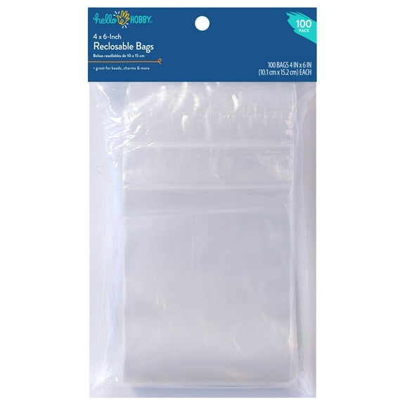 Hello Hobby 4"x 6" Reclosable Plastic Bags 100-Pack – Small Clear Zip Bags for Jewelry Making & Craft Storage