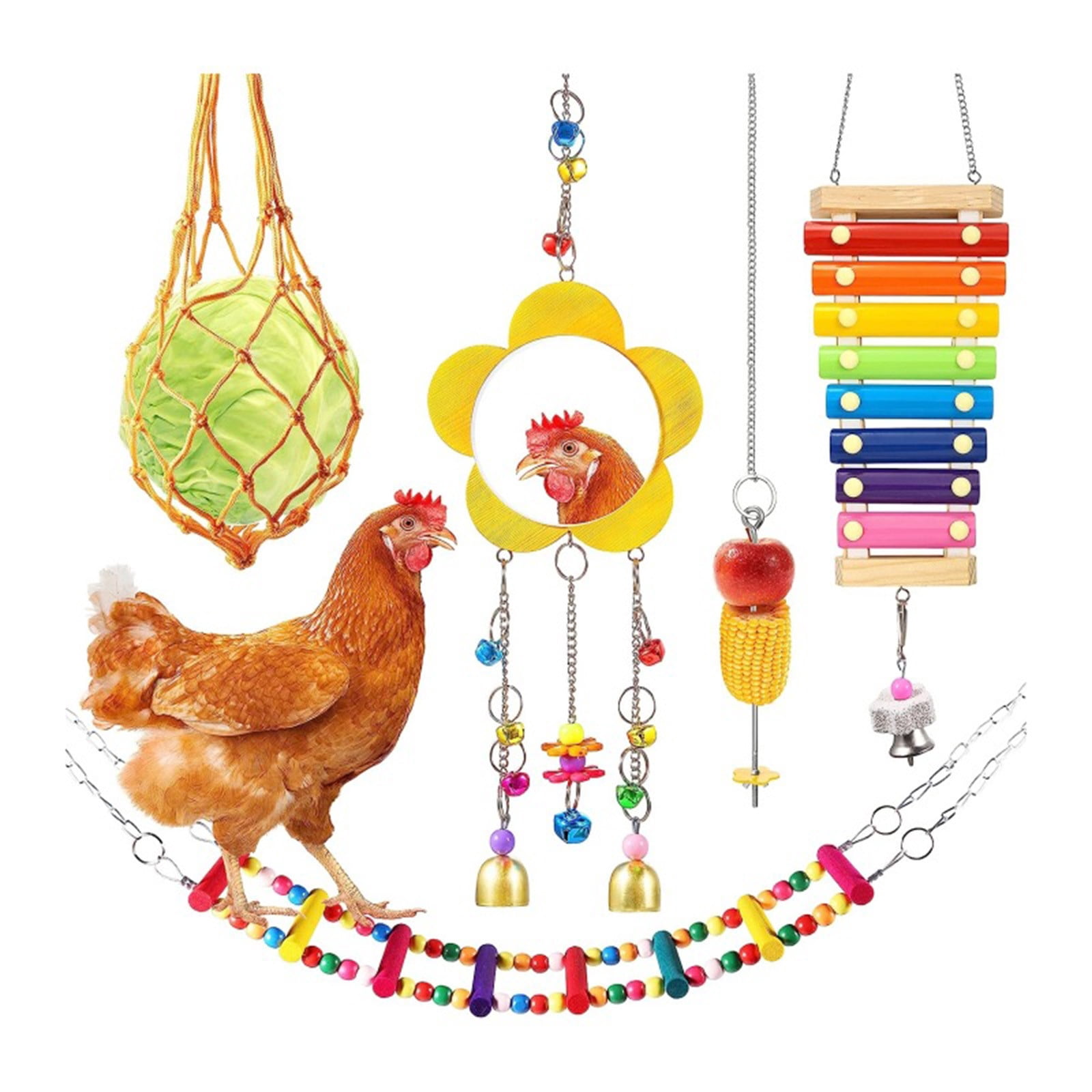 Pet Chicken Toys Multi Function Bird Cage Accessories Set with Foraging Net Ladder Mirror Skewer Wooden Xylophone Toys Kit Rkxzt