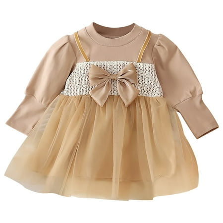 

ameIAEA Toddler Baby Girl Fall Outfits Casual Crewneck Long Puff Sleeve Bow A-Line Tulle Dress