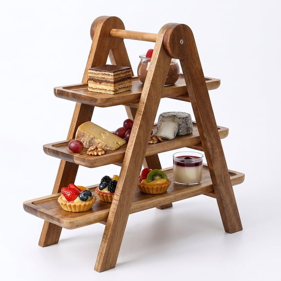 Wooden Tray Stand 3 Tier Collapsible Rustic Space Saving Display Rack Organizer for Kitchen Countertop Table Desserts Snacks Fruits Pastries