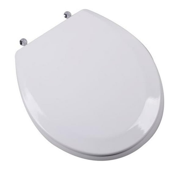 Plumbing Technologies 1F1R6-00CH Premium Molded Round Front Wood Toilet Seat with Chrome Metal Hinges- White
