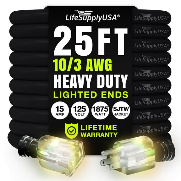 25ft Outdoor/Indoor Extension Cord 10/3 Gauge Ultra Heavy Duty 3 Prong SJTW, Waterproof, Flexible Cold-Resistant Long Power Cord,125 Amp 1875W, Black by LifeSupplyUSA