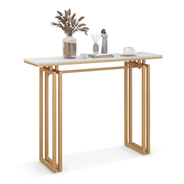 Costway Mesa Consola de 110 cm, Mesa de Sofá de Falso Mármol con Patas Robustas de Metal, Pies Ajustables, Mesa de Entrada Moderna, Ideal para Vestíbulo, Sala de Estar, Pasillo