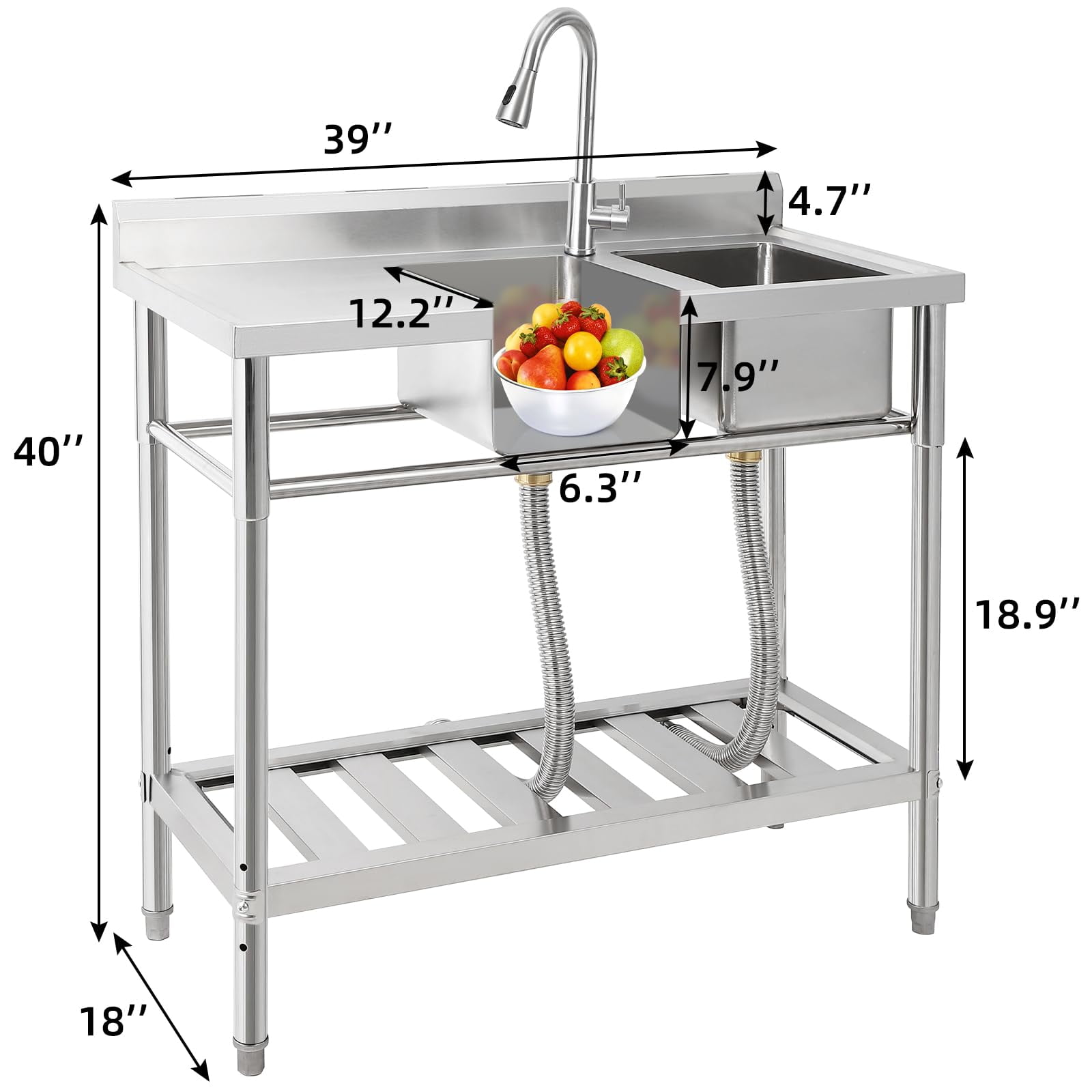Huisuilinss Stainless Steel Utility Sink, 2-Compartment Commercial Kitchen Sink with Pull-Out Faucet, 47 Inch 39Inch Freestanding Sink with Workbench and 2 Storage Shelves for Laundry Room Bathroom
