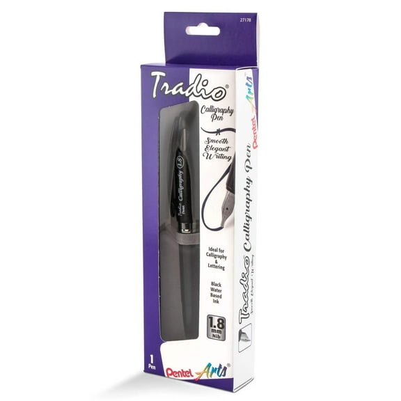 Pentel Arts Tradio Calligraphy Pen, Water-Based Ink, 1.8mm, Black Barrel/Ink, in Hanging Box