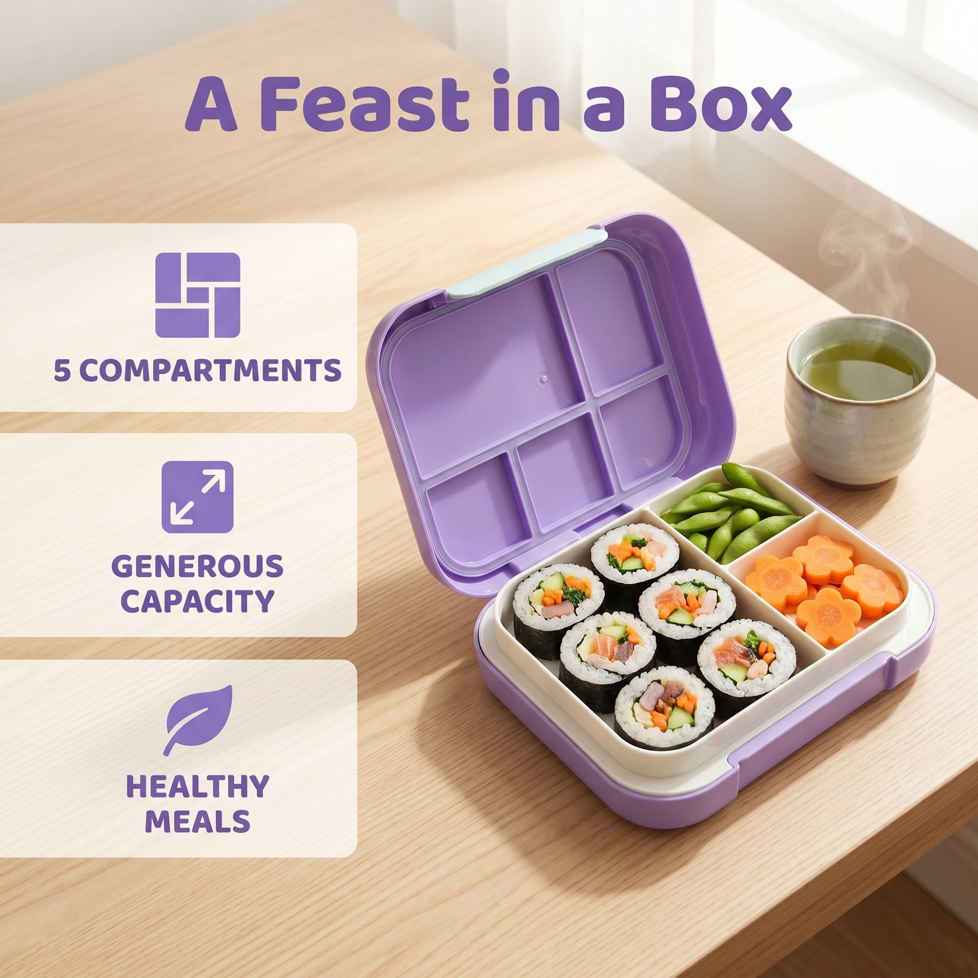 Unique Bargains 3-Compartment Leak-Proof Meal Lunch Bento Box Purple