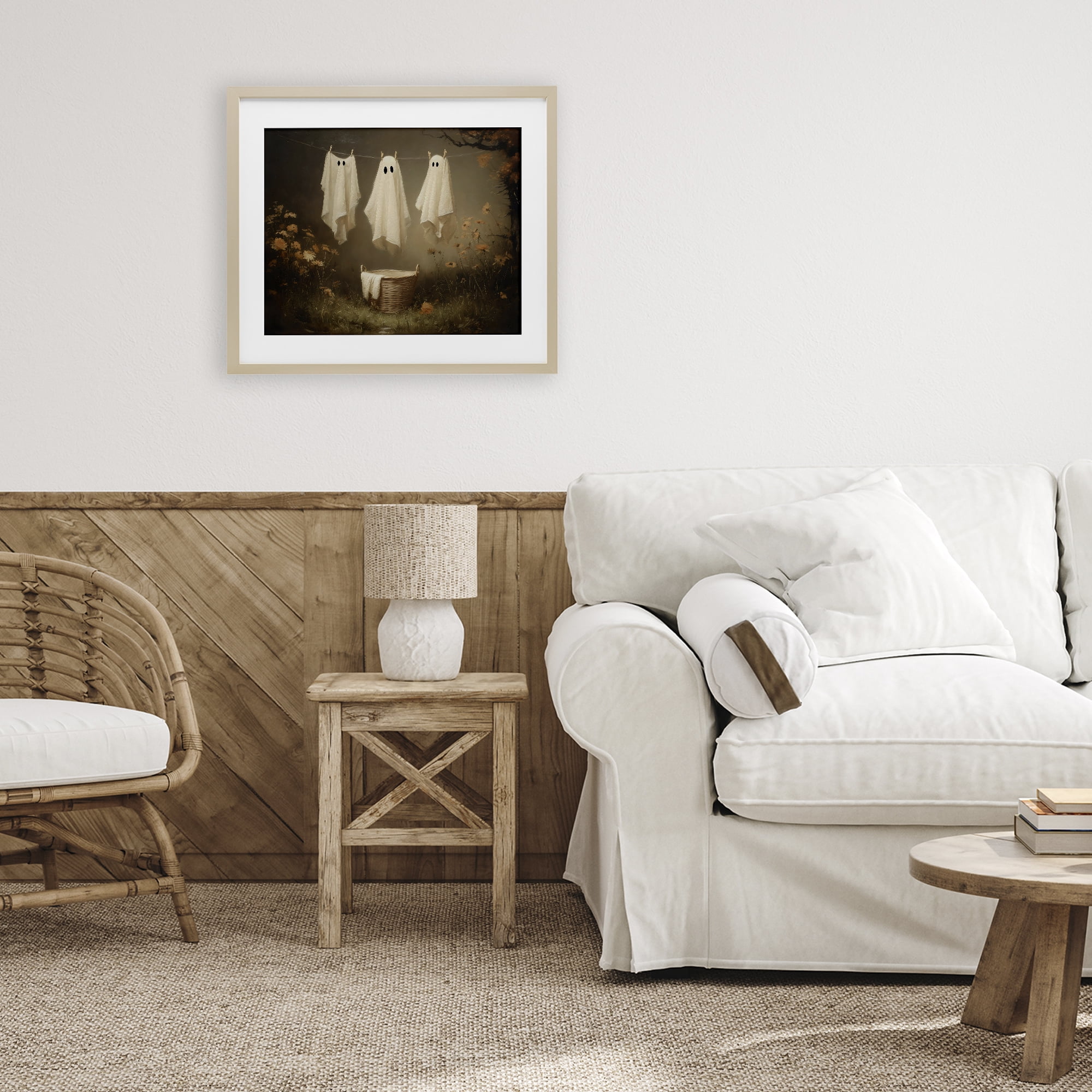 Three Laundry Ghosts Hanging Birch Framed Print Under Glass, design by Arlington Prints