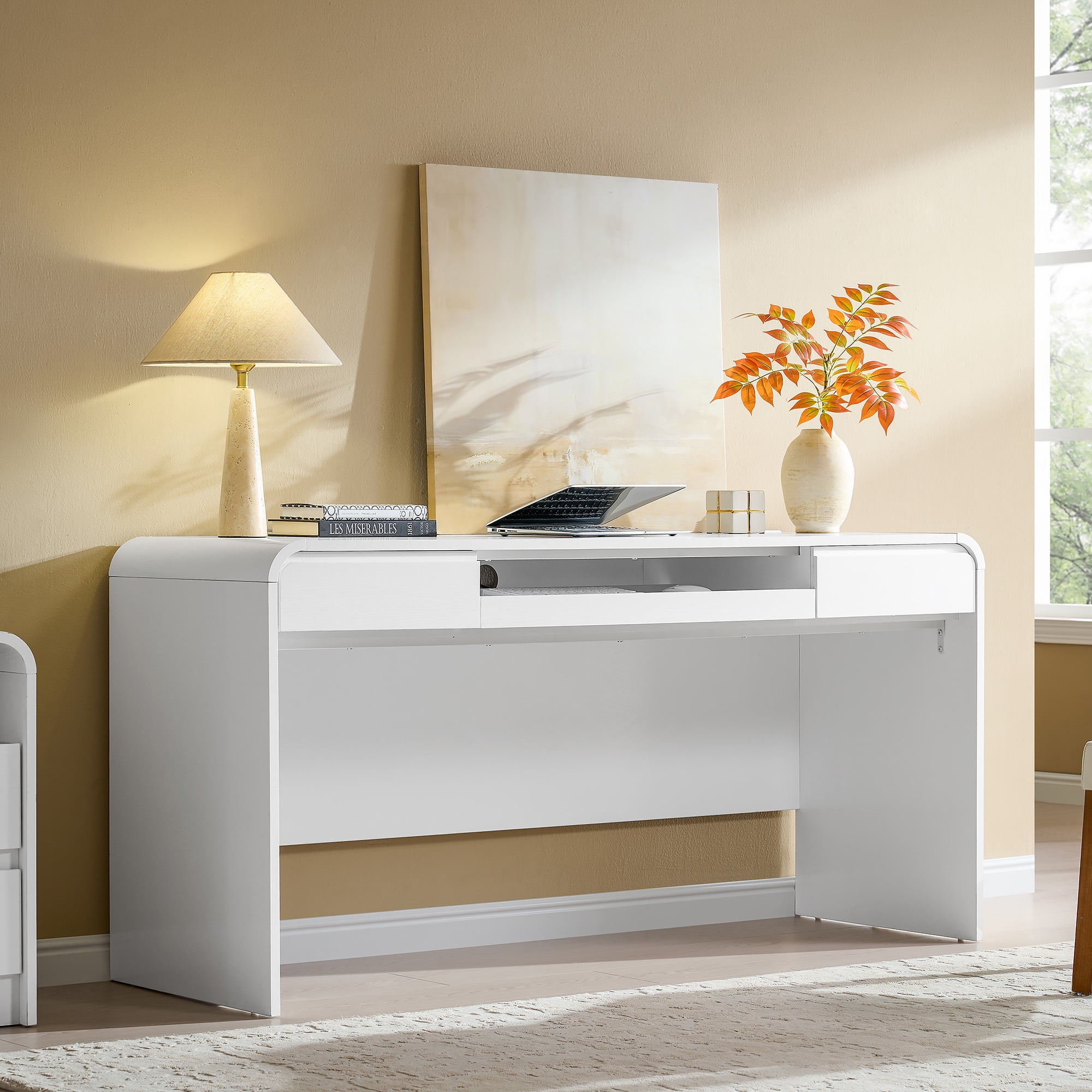 wow97e Modern Computer Desk with Storage Drawers, 57'' Large Executive Office Desk with Charging Station & Keyboard Tray for Home Office