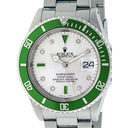 Pre-Owned Rolex Mens Submariner Stainless Steel Oyster Perpetual Silver Diamond & Emerald Watch with Green Ceramic