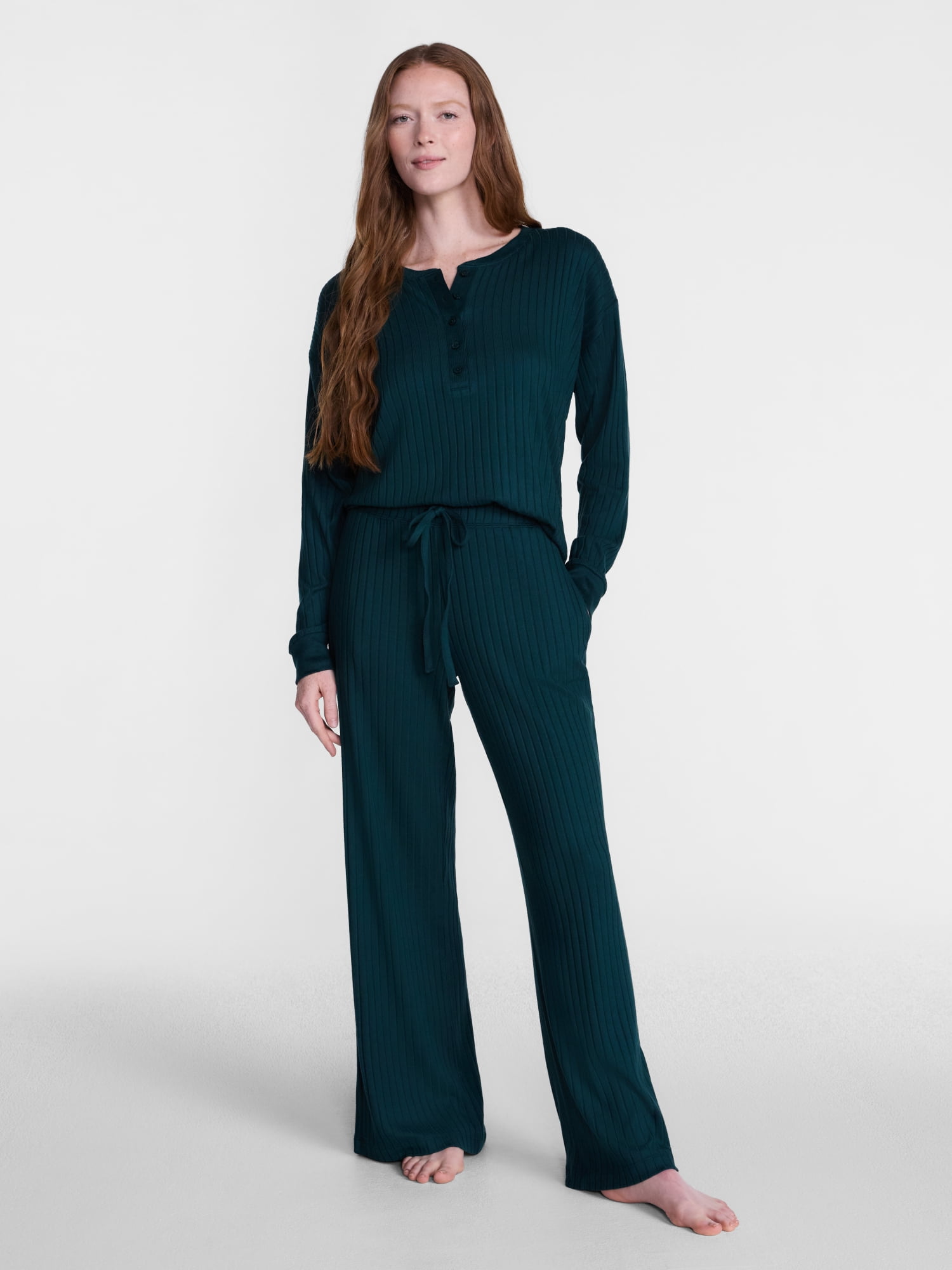 Joyspun Women's Cozy Lounge Collection Hacci Long Sleeve Henley Sleep Top, Sizes XS to 3X