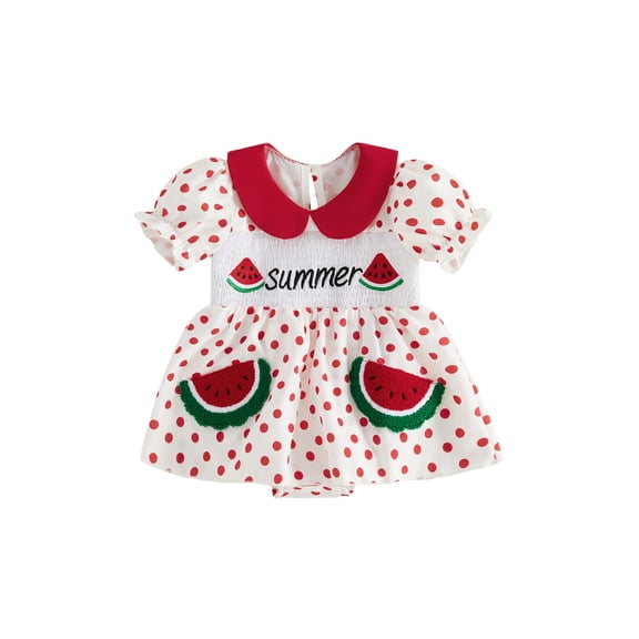 BemeyourBBs Newborn Baby Girl Summer Clothes Smocked Romper Dress Infant Baby Girls Summer Watermelon Dress Outfit Cute Embroidery Collar Short Bubble Sleeve Striped Dot Print Jumpsuit Playsuit