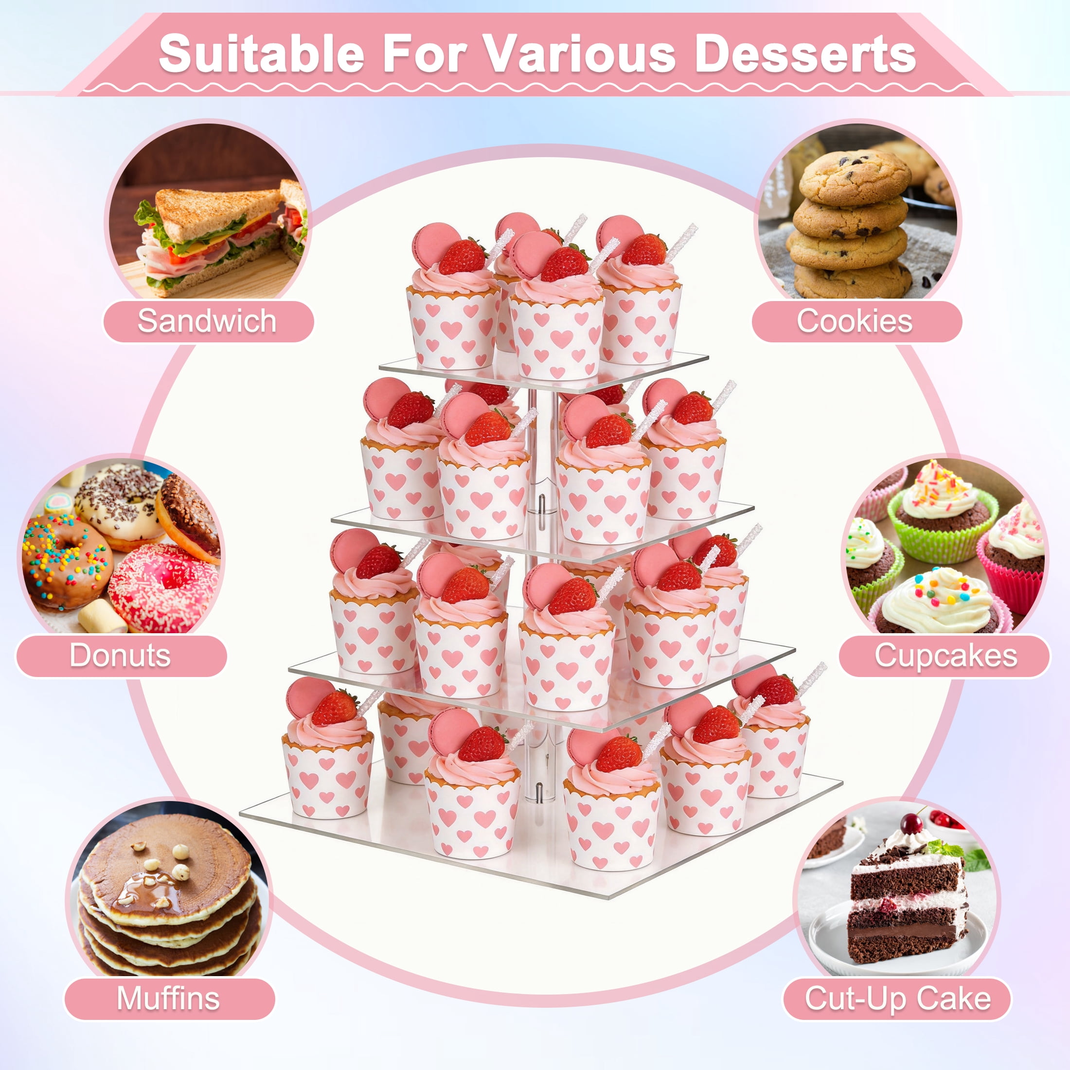 4‑Tier Square Cupcake Stand, Clear Dessert Tower Display Holder with LED Light String, Holds up to 50 Cupcakes for Birthday Wedding Party Tea Serving