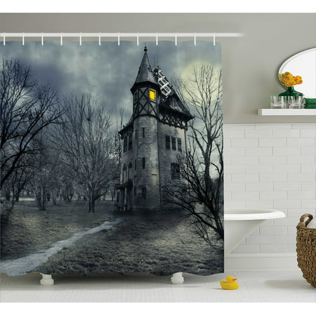 Scenery Decor Shower Curtain, Halloween Design with Gothic Haunted House Dark Sky and Leafless Trees Spooky Theme, Fabric Bathroom Set with Hooks, 69W X 75L Inches Long, Grey, by Ambesonne
