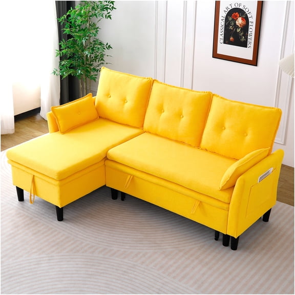 JERFIT Modern Reversible L-Shaped Sectional Sofa with Storage Chaise, Polyester Fabric, Bright Yellow, Convertible Sleeper for Small Spaces