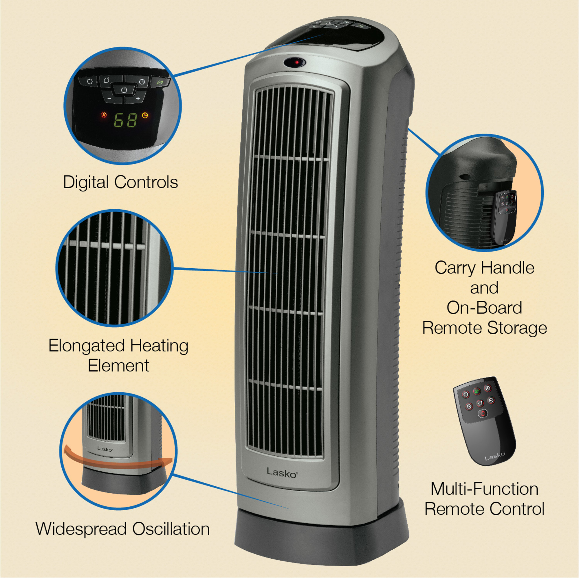 Lasko 22.2" 1500W Oscillating Ceramic Electric Tower Space Heater with Remote, Gray, 5538, New - image 3 of 13