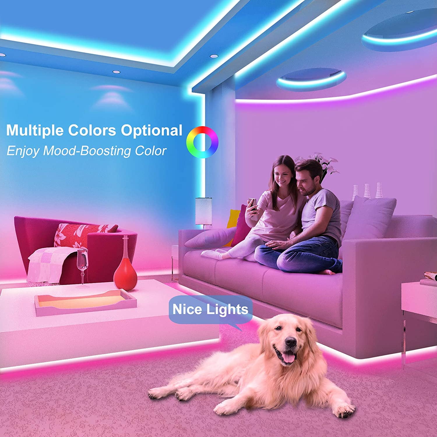 16.4ft RGB LED Strip Light kit, Flexible Color Changing SMD 5050 LEDs, 12V LED Tape with 44 Key RF Remote, Dimmable LED Ribbon for Home Lighting Kitchen Bar,