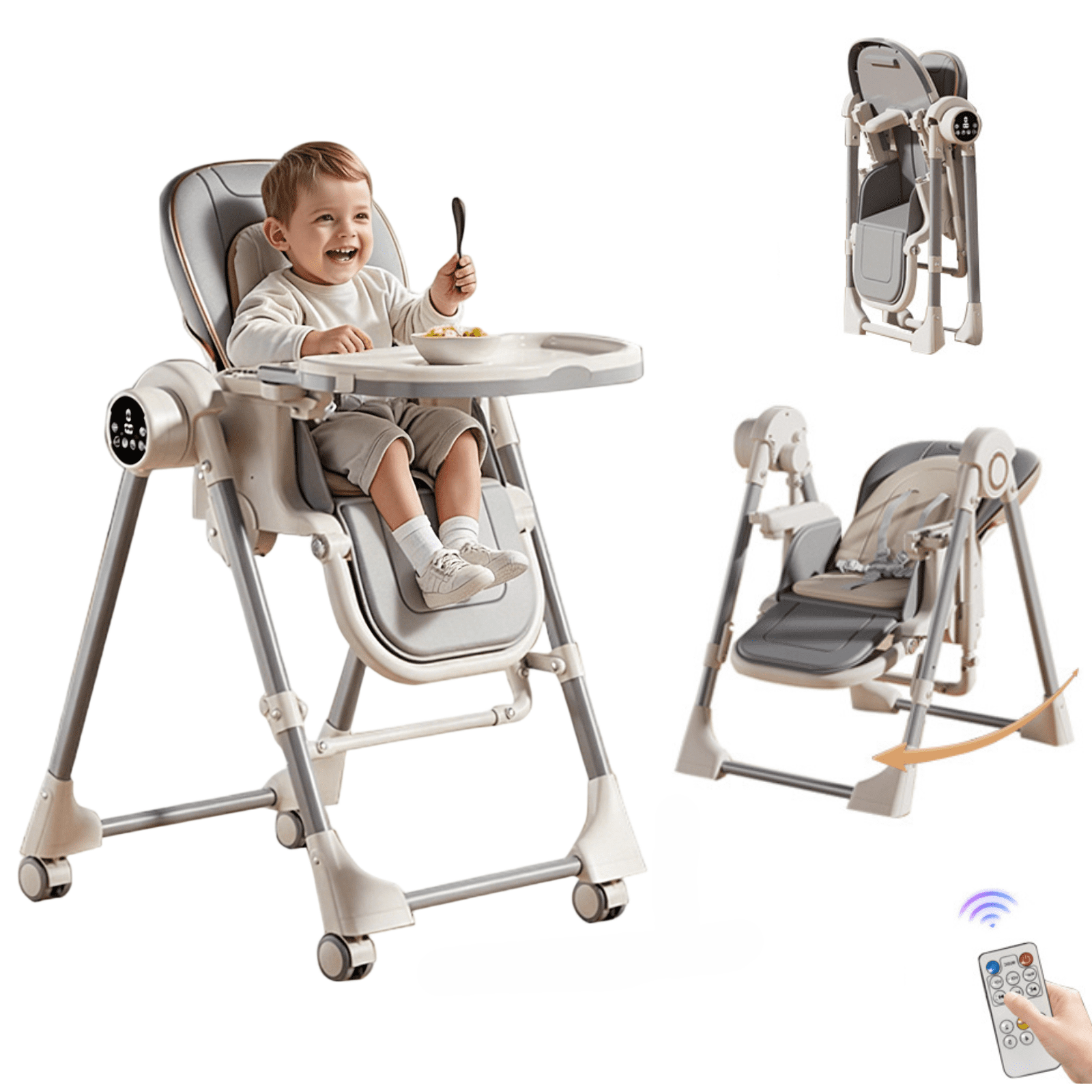 Electric Baby High Chair Convertible Feeding Chairs Infant Chair with Remote Control for Babies to Toddlers Unisex GREY