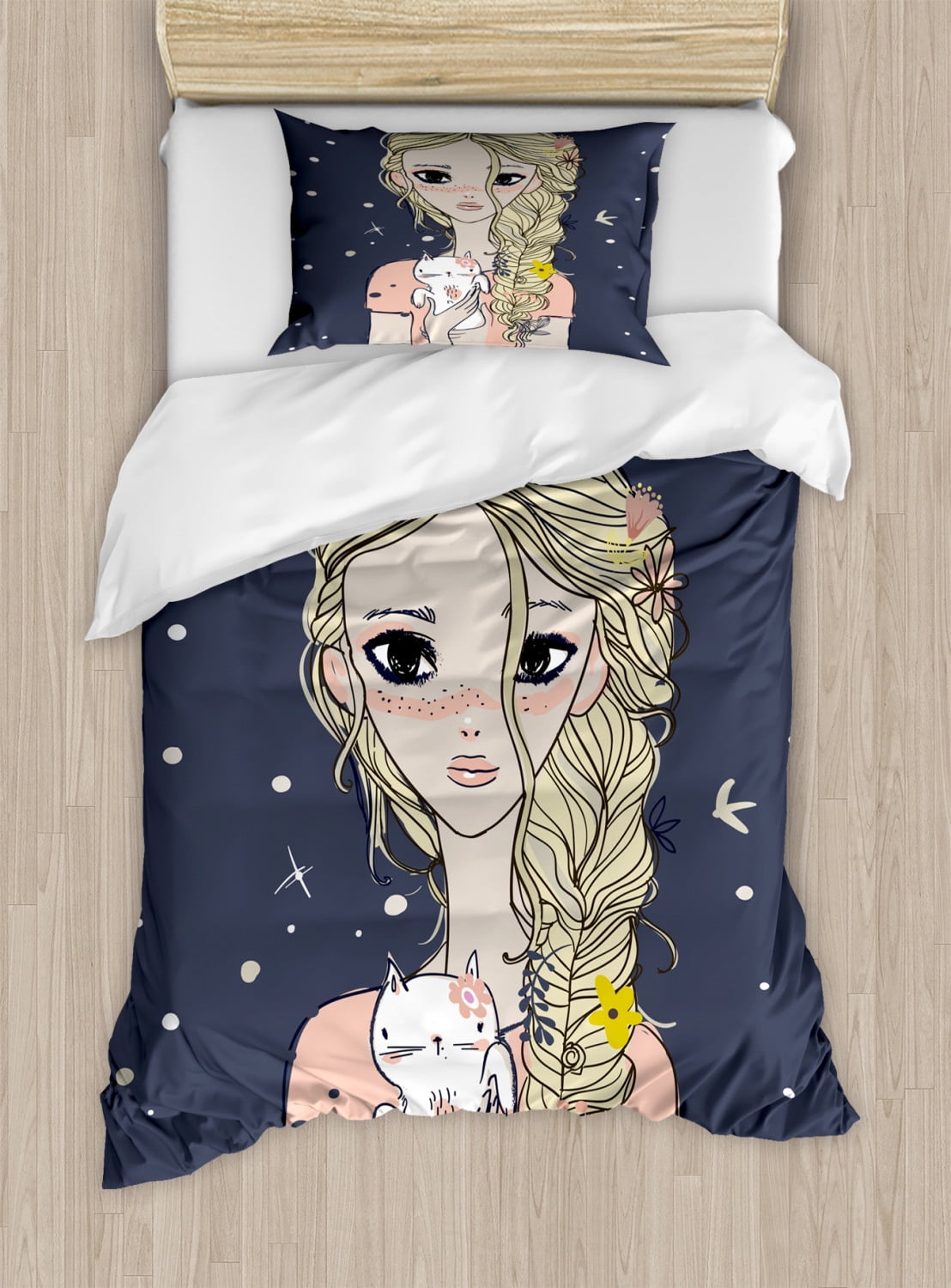 Doodle Duvet Cover Set Twin Size, Girl with Long Floral Hair Holding a