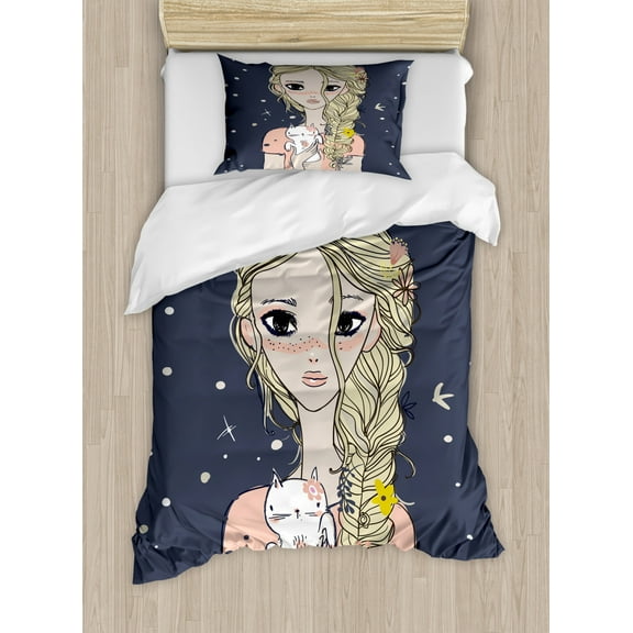 Doodle Duvet Cover Set Twin Size, Girl with Long Floral Hair Holding a Kitten in the Nighttime, Decorative 2 Piece Bedding Set with 1 Pillow Sham, Dark Blue Grey Peach, by Ambesonne