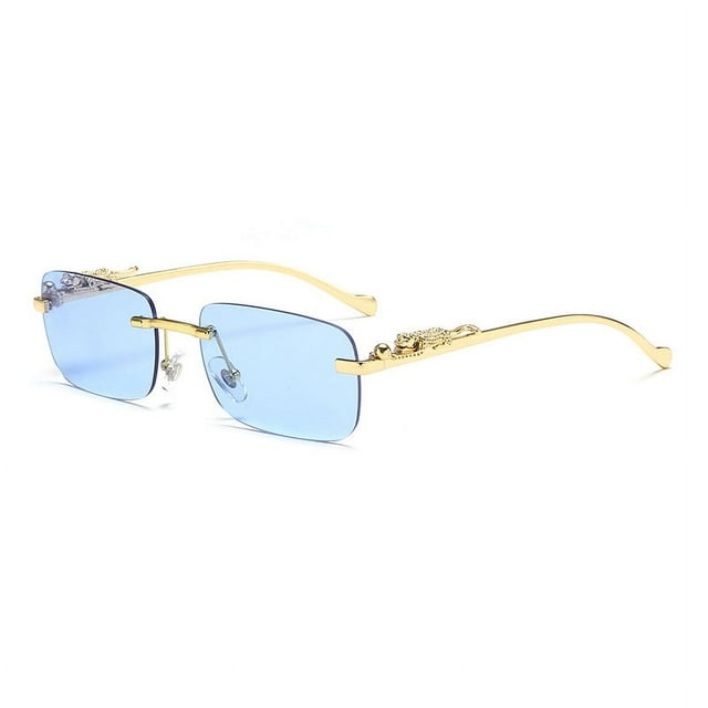 Gafas de sol sin montura con personalidad decorativa de guepardo, gafas de color para hombres y mujeres, gafas de sol retro de metal con cabeza de leopardo