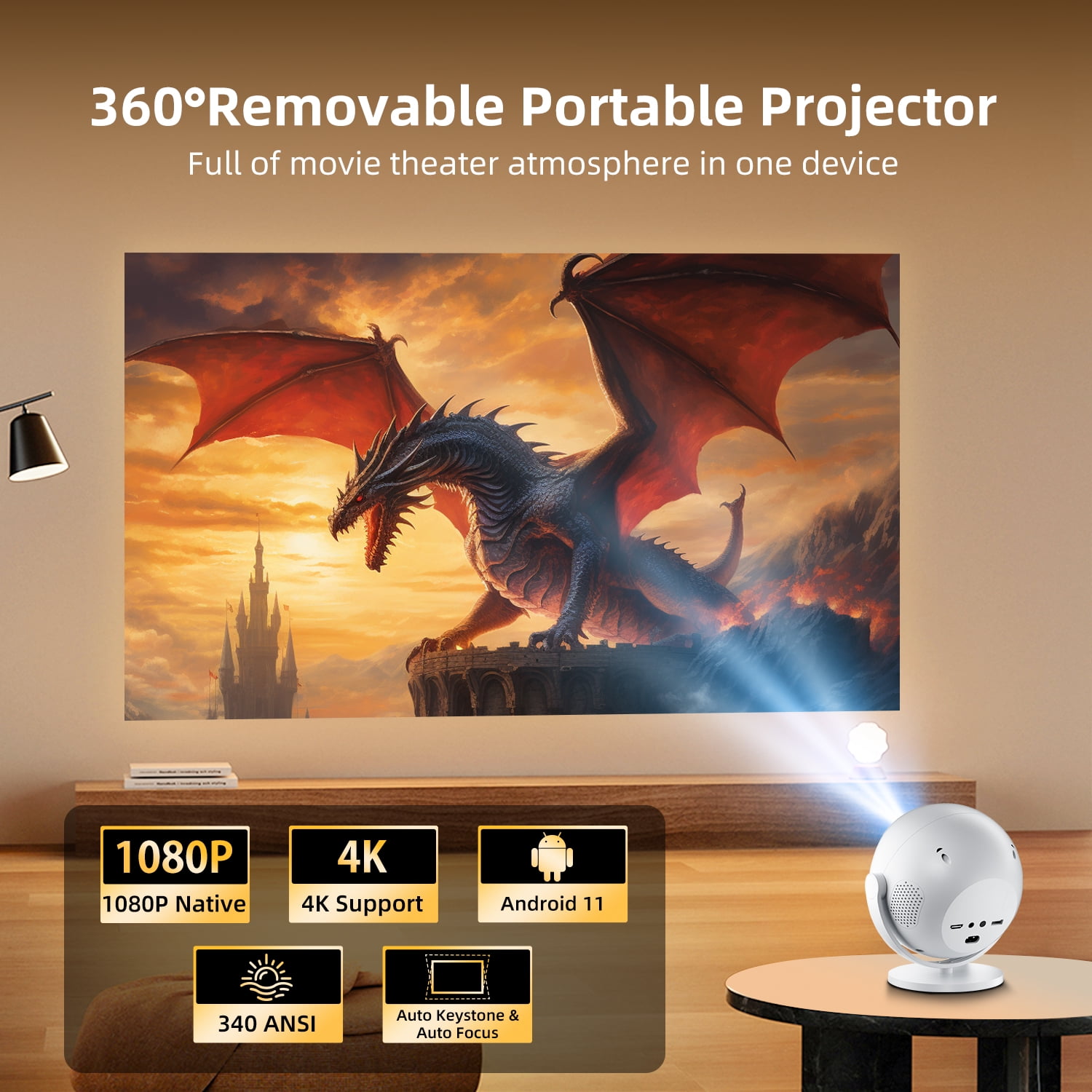 Salange Full HD Projector with 1080p,360° Stand Rotatable,4K Support and Wifi and Bluetooth,Auto Keyston for Home&Outdoor Movie