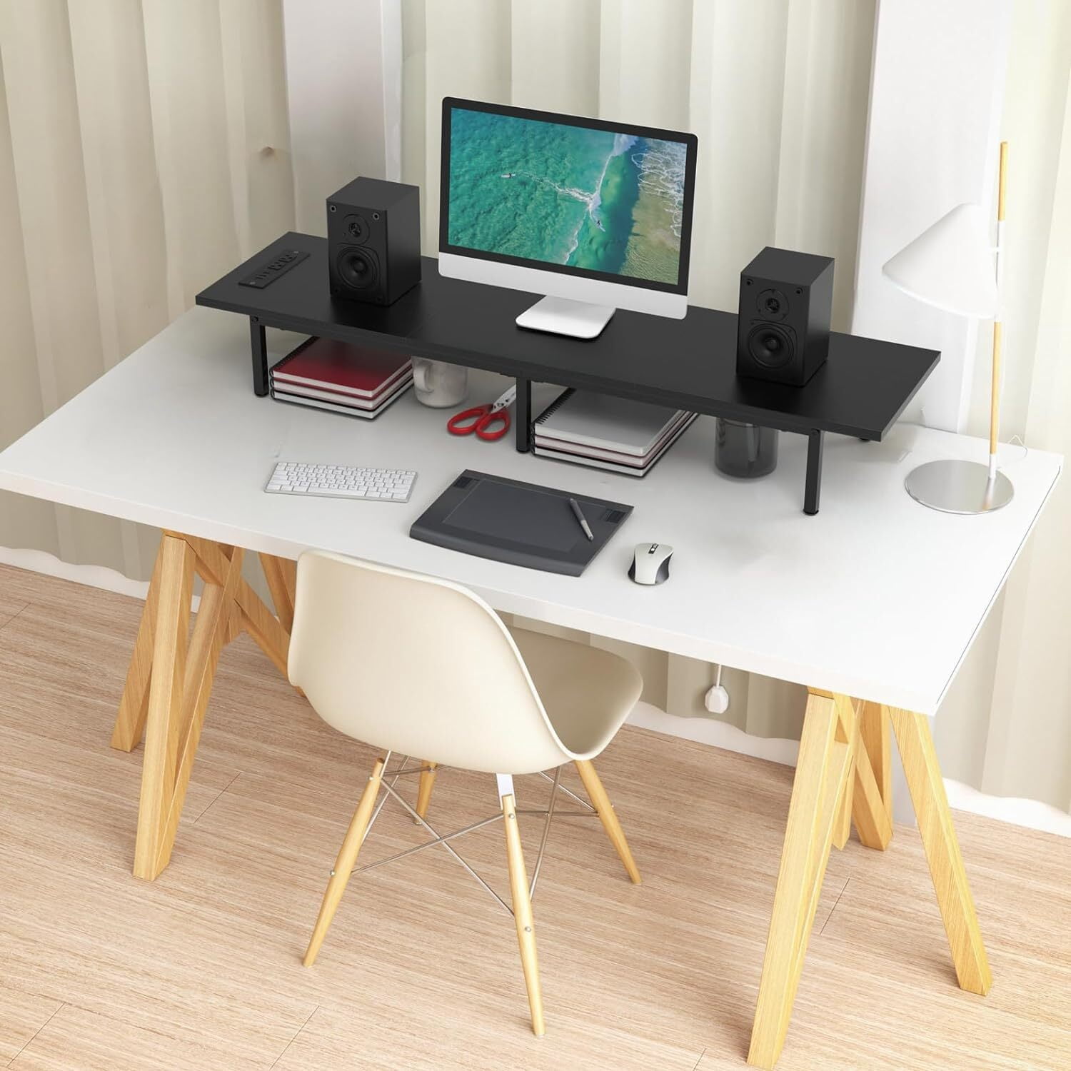 Dual Monitor Stand Riser, 37.5" Desktop Organizer for 2 Monitors Wood & Steel TV/Laptop/Printer Holder with Integrated USB Ports Black