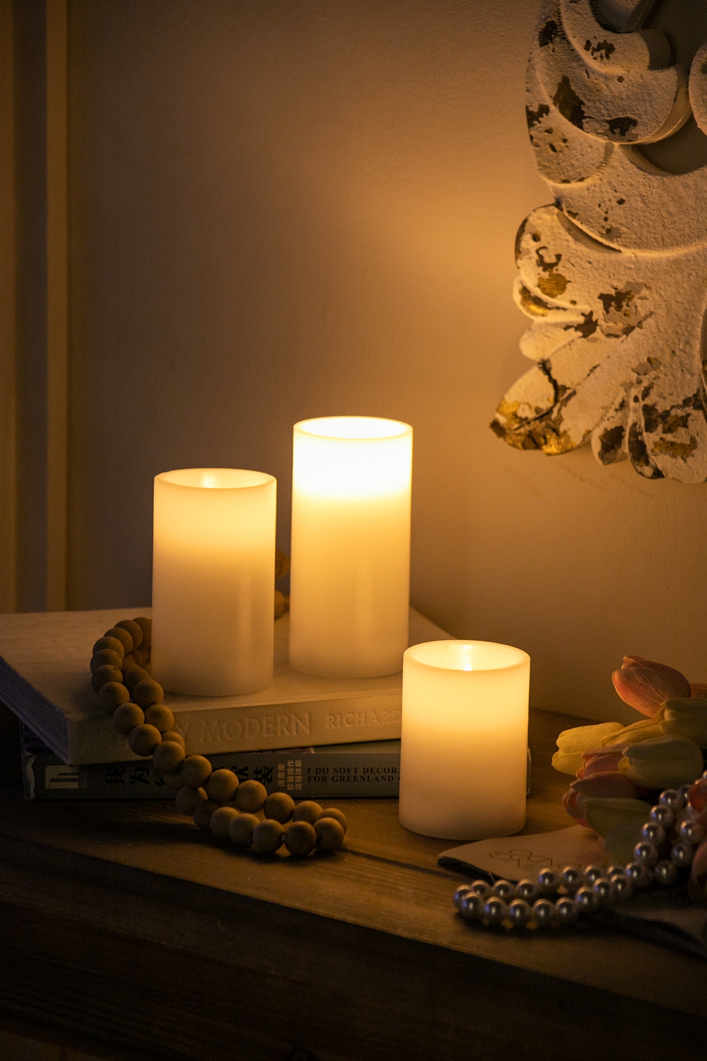 Set of 3 White LED Candles with Remote Timer, L: D3X6" M: D3X5" S: D3X4"