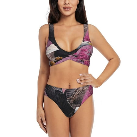 Zeuib Flower Bald Eagle High Waisted Tummy Control Bikini Set - Knot Front Push Up Top & Cheeky Thong Bottom  Two-Piece Swimsuit for Women-X-Large