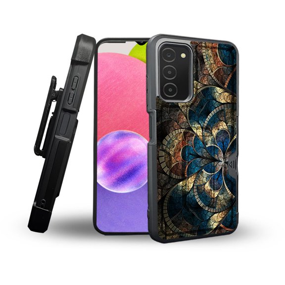 ANJ  Rugged Shockproof Holster Case Card Slot Kickstand   Tempered Glass Cover for Samsung Galaxy A03s - Abstract Tiles