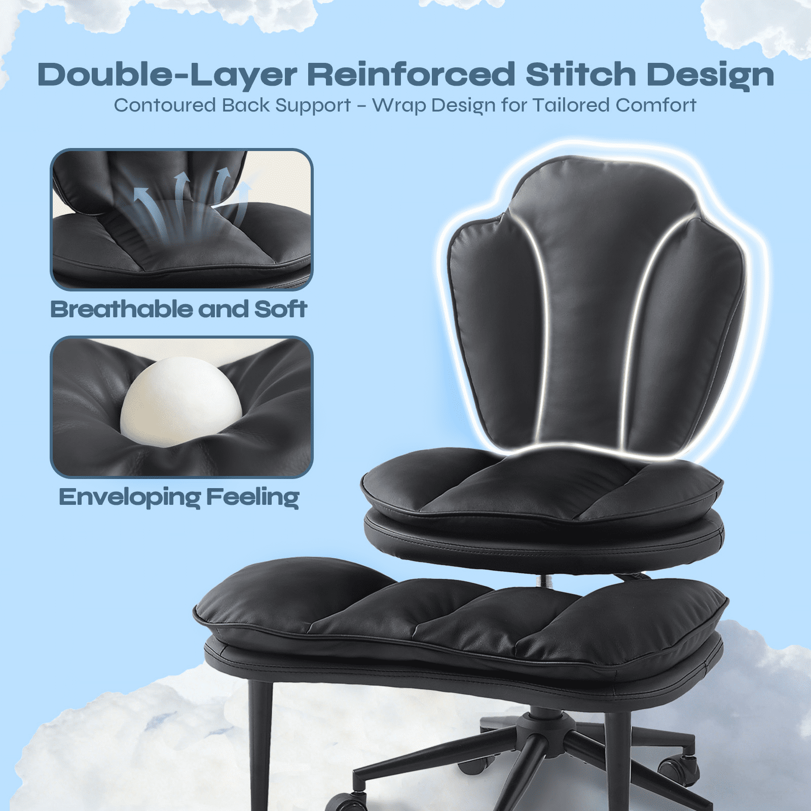 Pinmoco Ergonomic Cross Legged Chair, Cloud Comfort Wide Seat Desk Chairs for Adhd,Meditation ,Yoga and Home Office with Strong Lumbar Support, Black