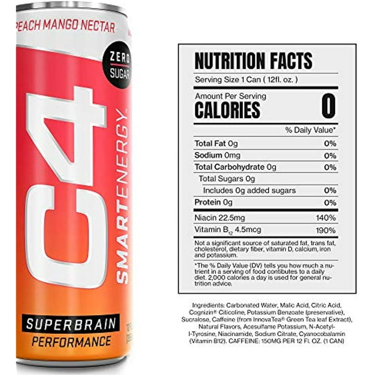 C4 Smart Energy Drink - Sugar Free Performance Fuel & Nootropic Brain  Booster, Coffee Substitute Or Alternative | Peach Mango Nectar 12 Oz - 12  Pack