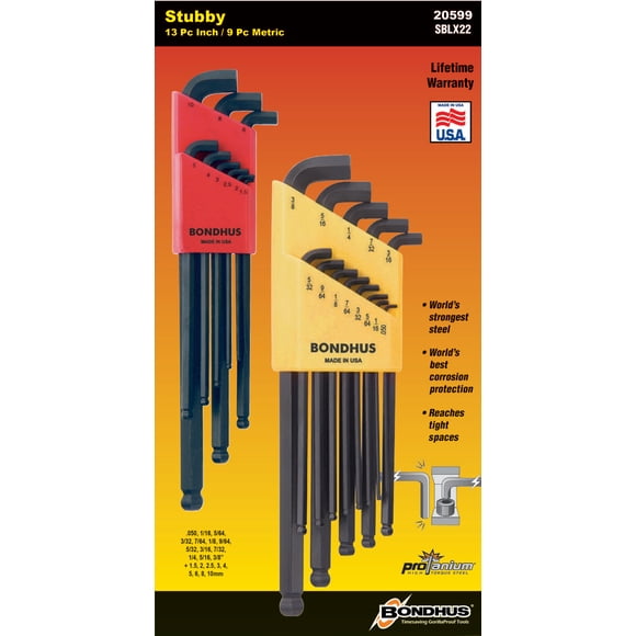 DOBLE PACK DE JUEGOS DE LLAVES HEXAGONALES "STUBBY" MÉTRICAS Y FRACCIONALES 22PZS. BONDHUS 20599 BONDHUS 20599