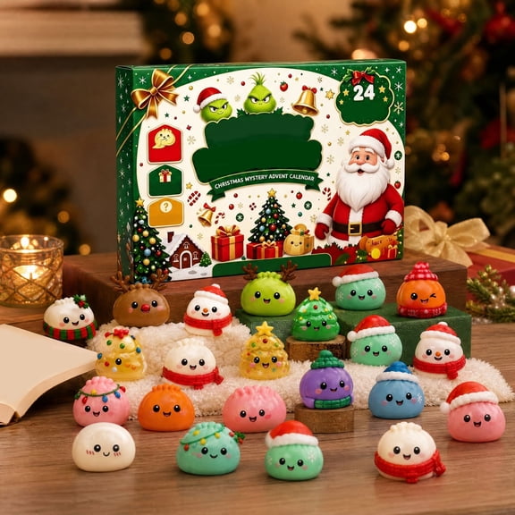 Christmas Green Monster Advent Calendar with 24 Pcs Squishy Gel Toys, Holiday Mystery Countdown Box for Stocking Stuffers Gifts, 1 Count